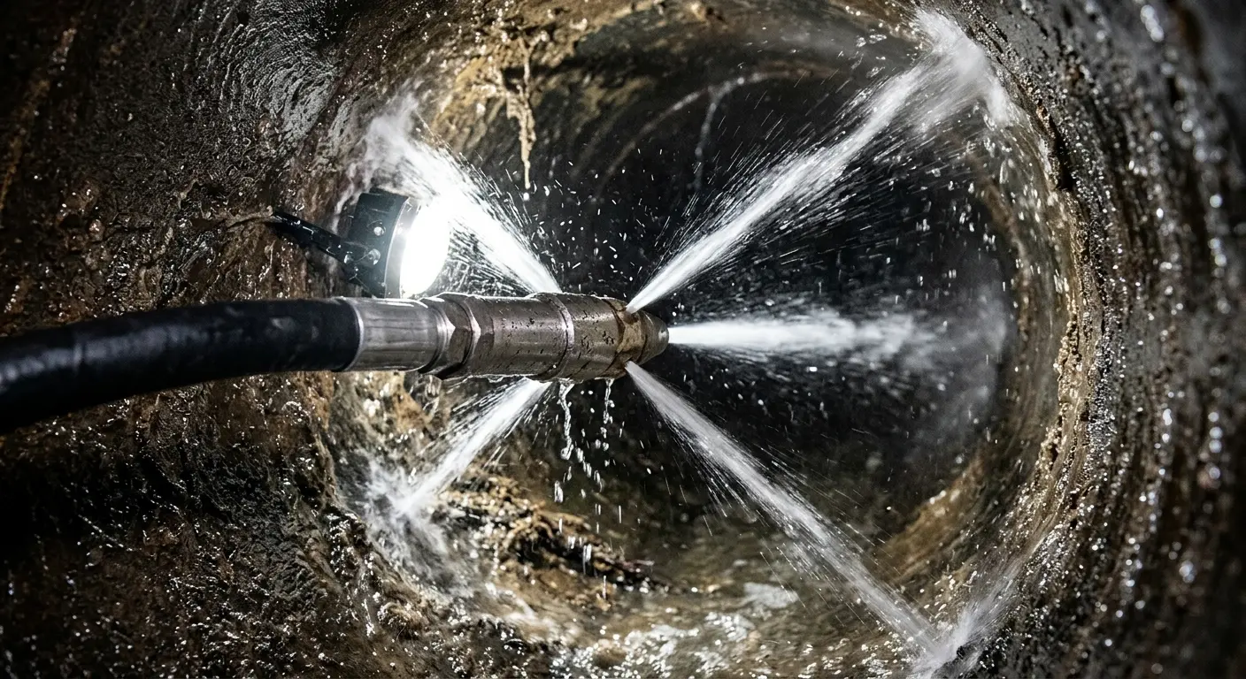 High-pressure hydro jetting nozzle cleaning sewer pipe for Sewer Line Relining in Fort Knox