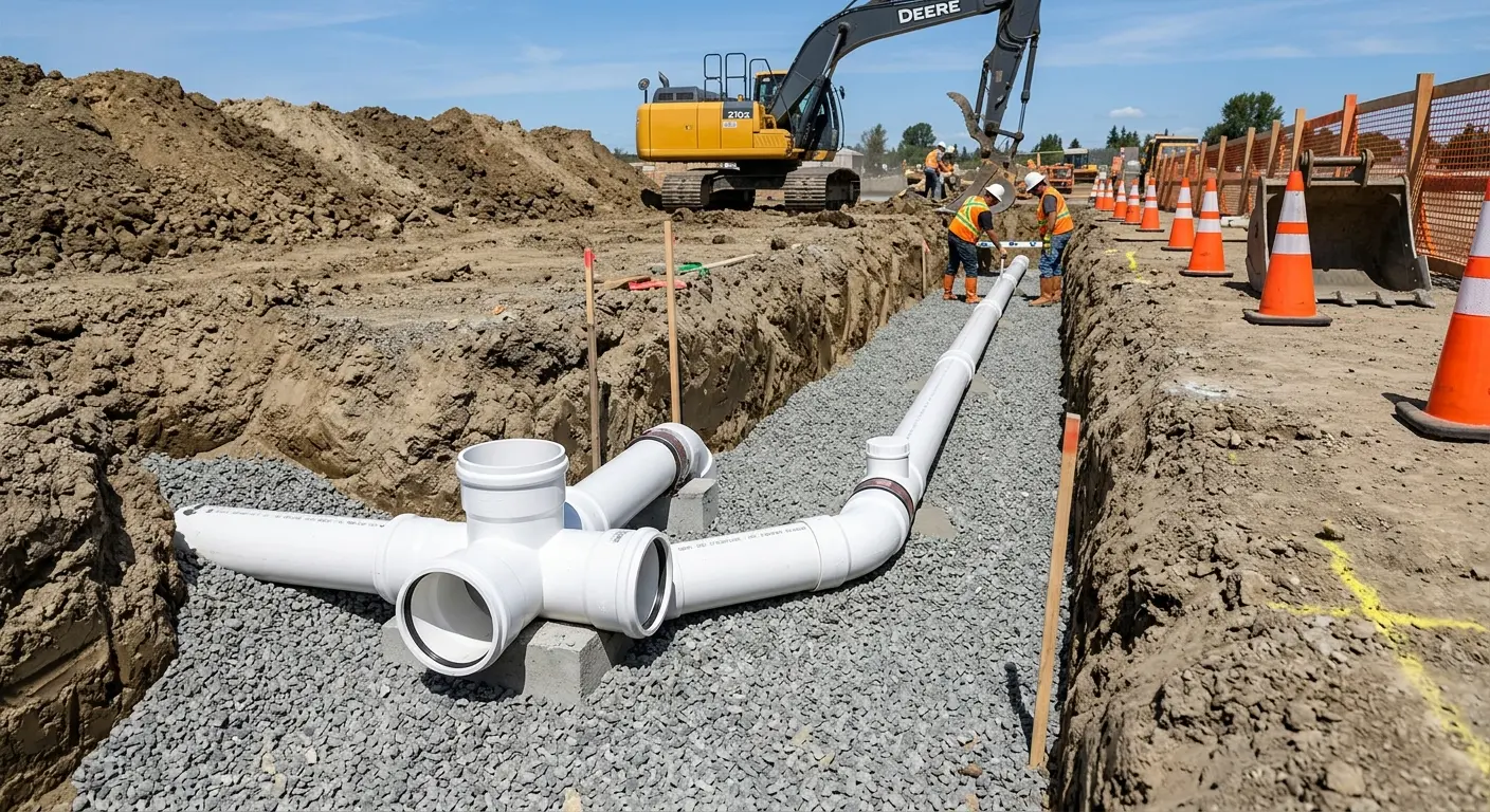 New PVC sewer pipe installation in open trench for Sewer Backup in Fort Knox