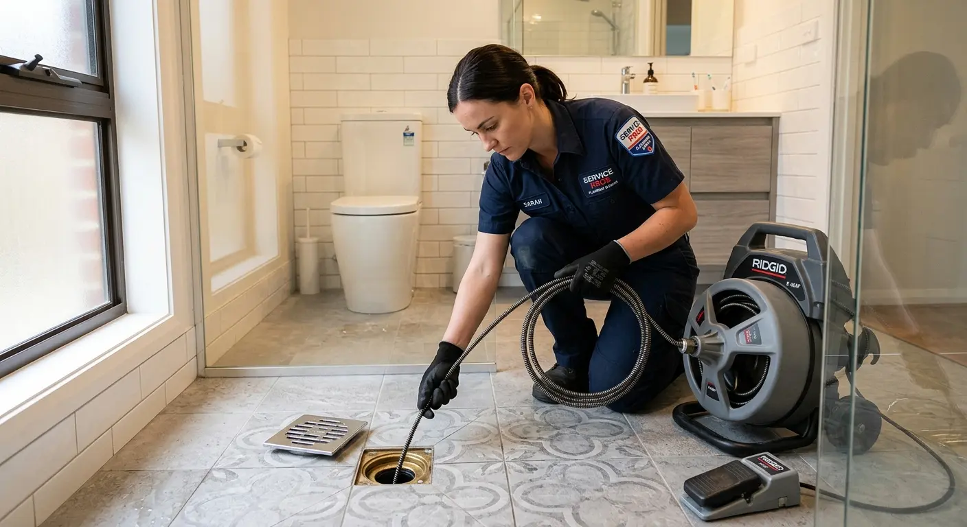 Technician clearing a bathroom floor drain for Drain Cleaning in Fort Knox